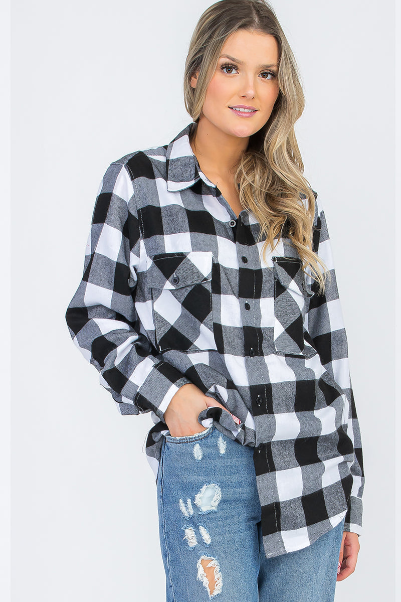 Lime Milo oversized boyfriend plaid checkered flannel top, casual long-sleeve blouse with a relaxed fit and classic checkered pattern.