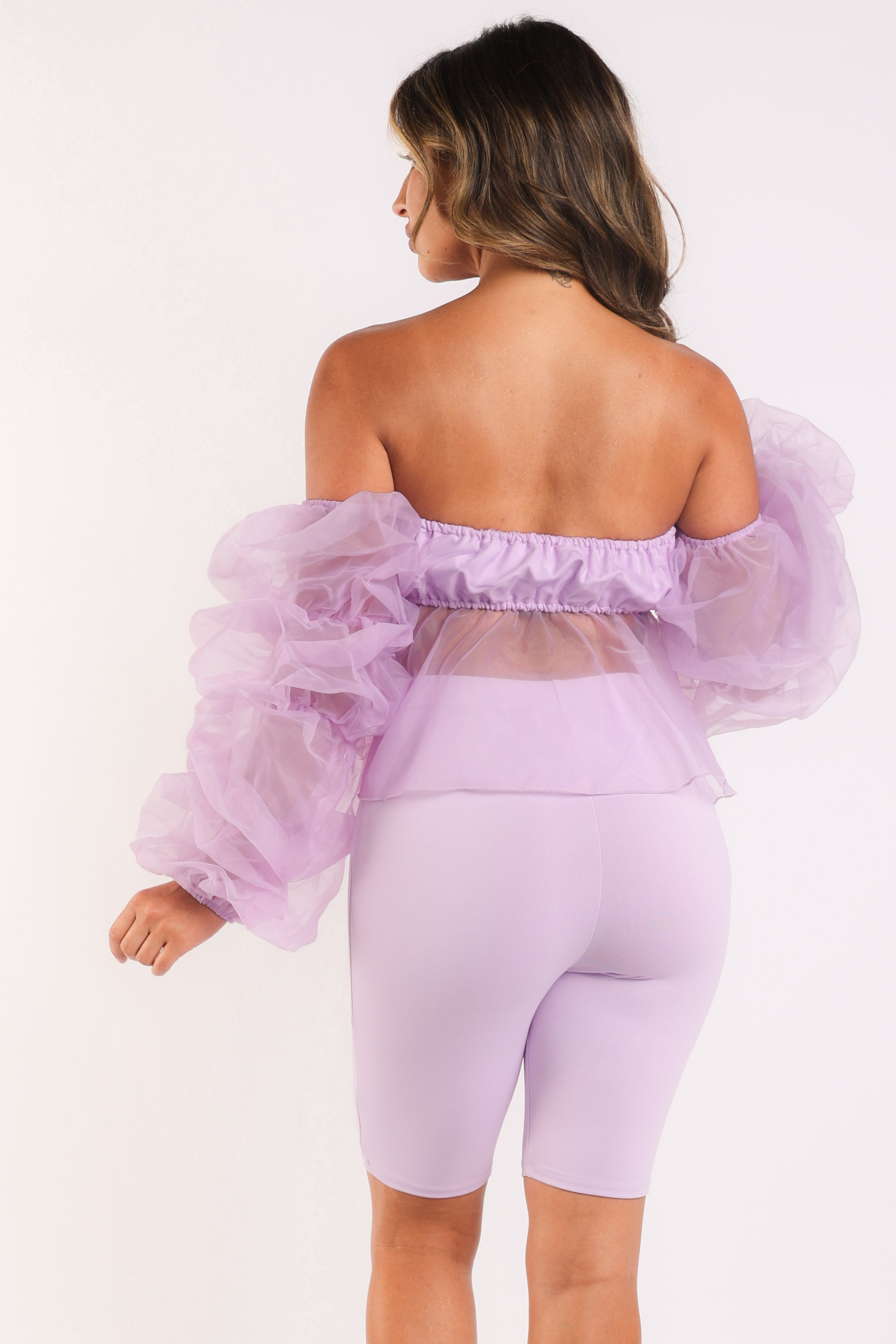 Lavender Puce Juniper sexy organza sleeve detailed top and matching shorts 2-piece set, stylish and elegant fashion ensemble.