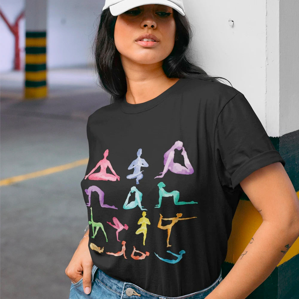 Yellow Pandora yoga poses print jersey short sleeve T-shirt featuring colorful yoga pose illustrations on soft fabric.