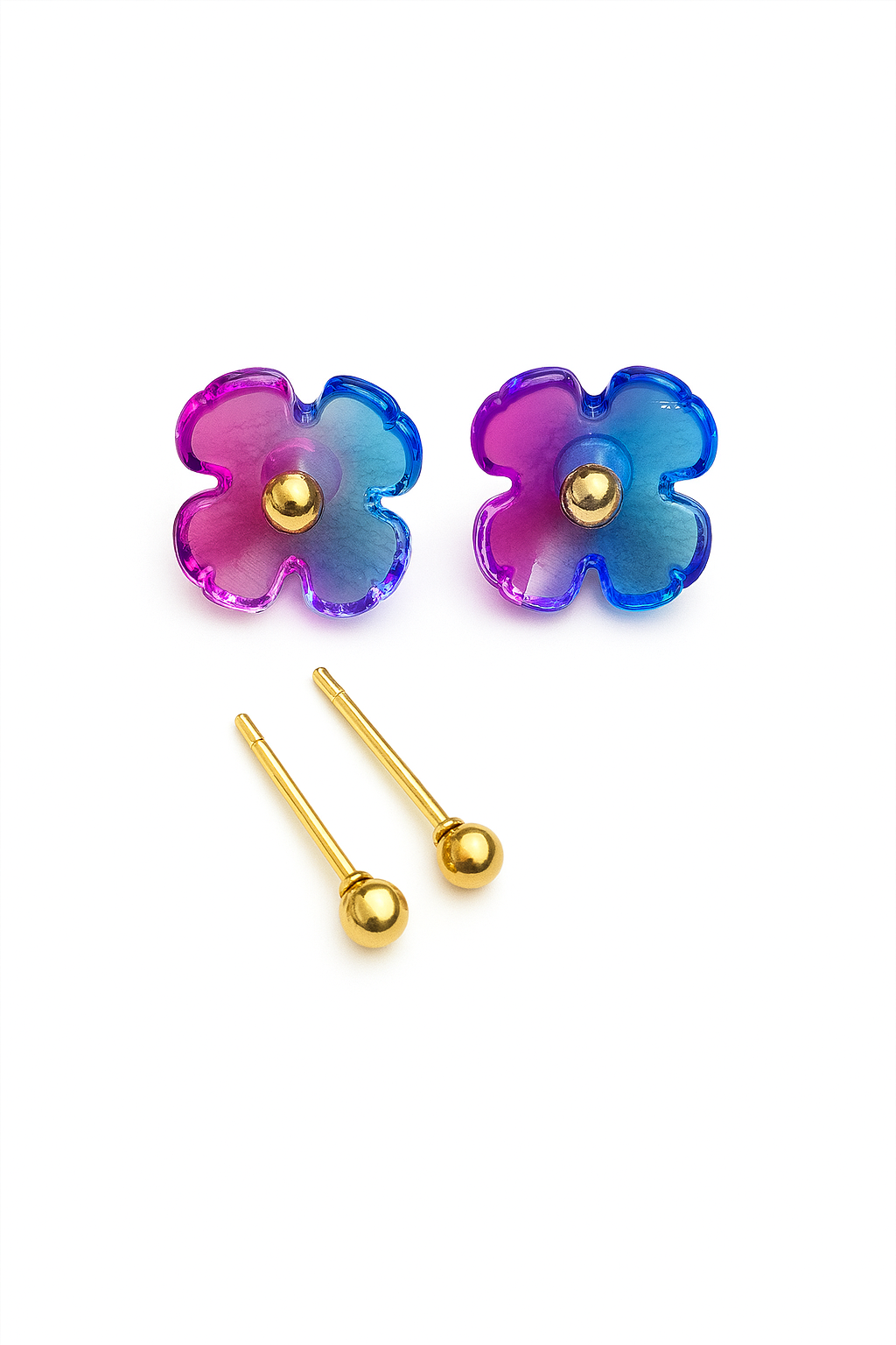 Apricot Perses 2-in-1 earrings featuring a purple flower and gold stud, showcasing elegant jewelry design with floral and metallic elements.