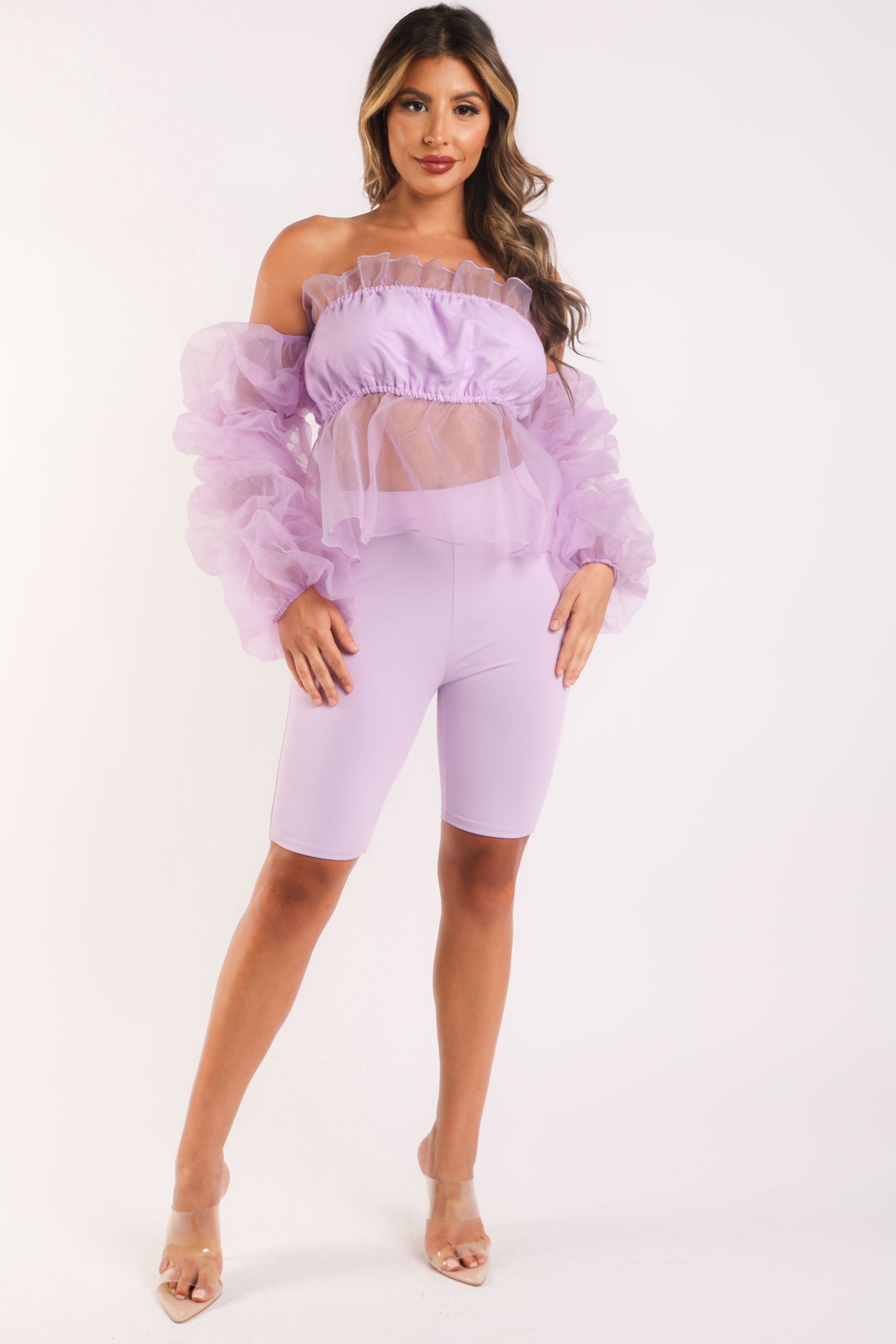 Puce Juniper sexy organza sleeve detailed top with matching shorts 2-piece set in lavender, featuring sheer fabric and stylish design.