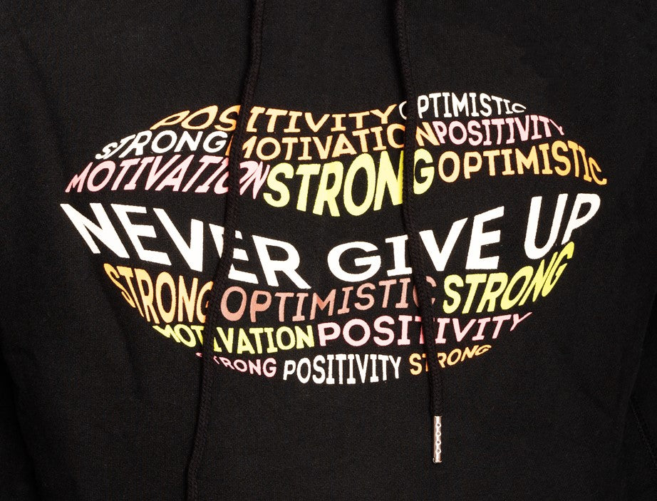 Orange Ash motivational hoodie with "Never Give Up" text, casual sweatshirt with a comfortable fit and inspiring design.