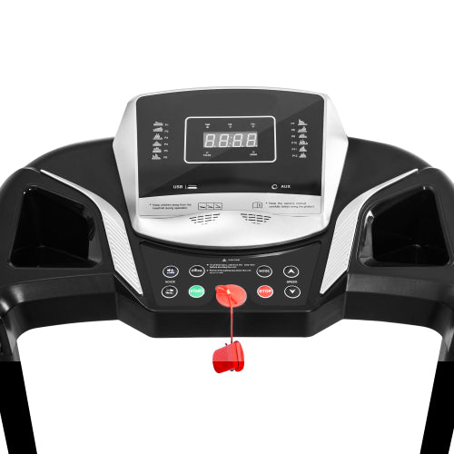 Teal Simba folding electric treadmill with motorized running surface, compact design, for home fitness and outdoor sports activities.