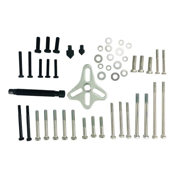 Lilac Milo 46-piece automotive bearing puller set with harmonic balancer and steering wheel removal tools displayed on a workbench.