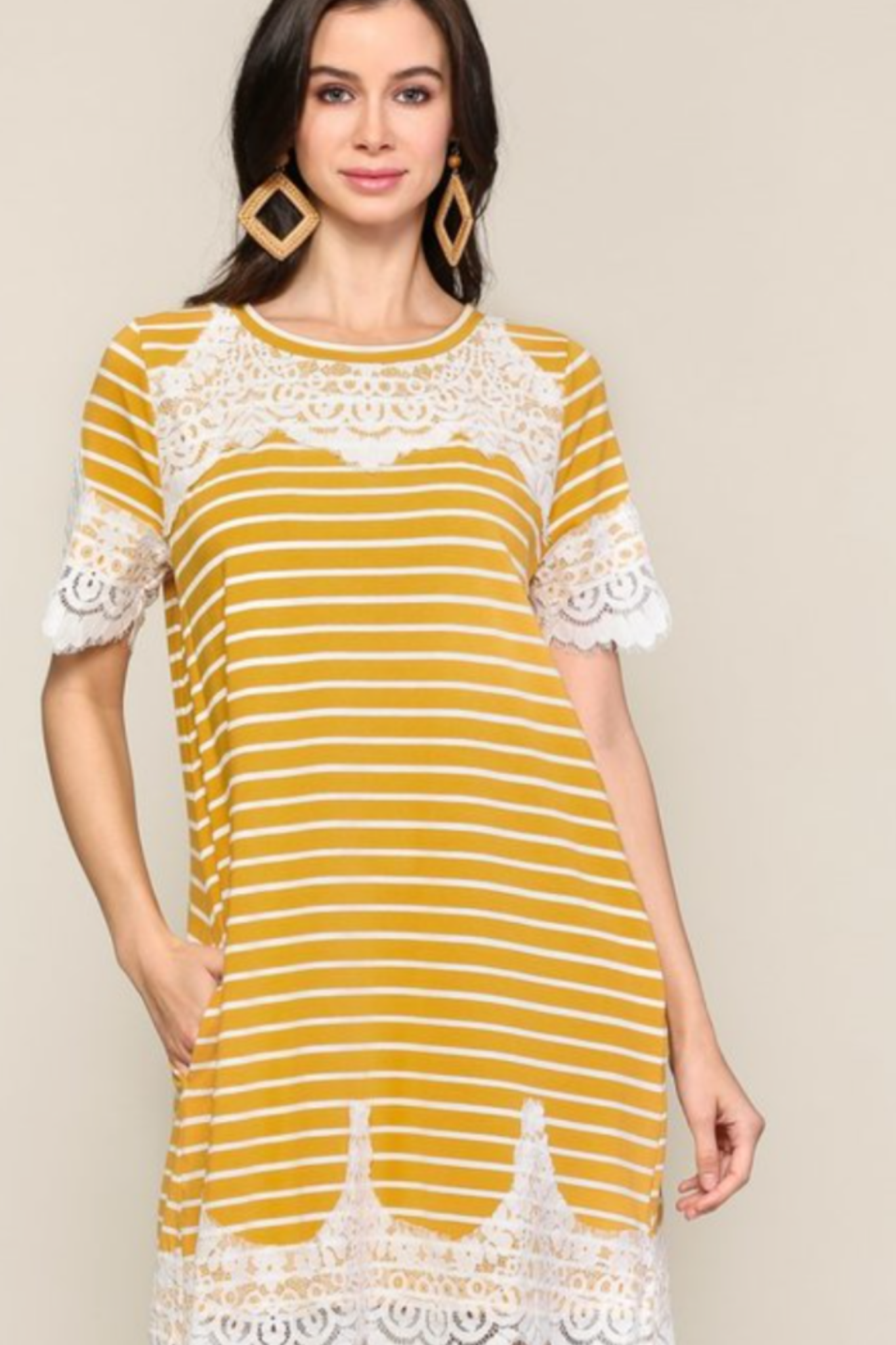 Mustard striped round neck dress with lace detail from Ochre Ismene women&