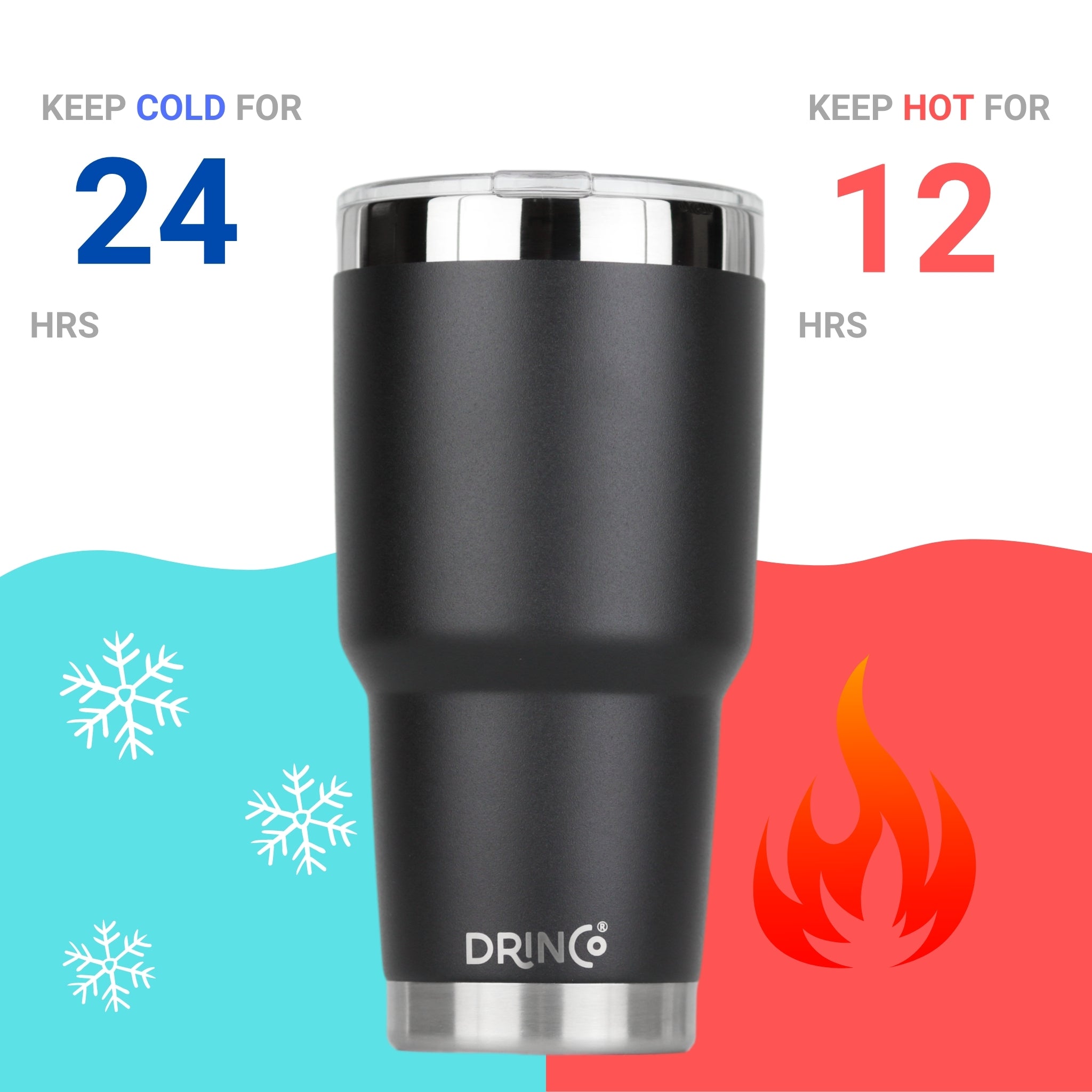 Black DRINCO® 30oz insulated tumbler with spill-proof lid and two straws, showcasing durable drinkware from Orchid Lavender.