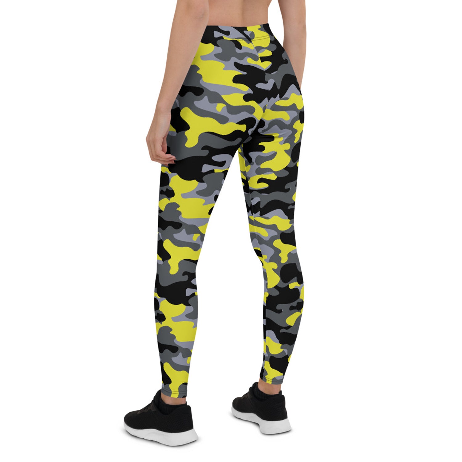 Yellow and gray camo leggings for women, activewear by Maroon Sooty, shown laid flat with waistband and camo pattern visible.