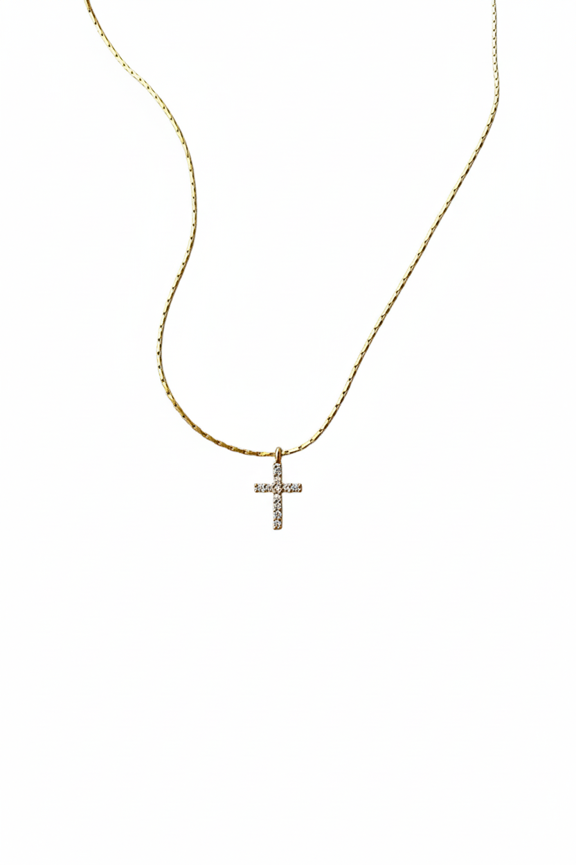 Elegant zircon stone cross necklace for women by Ochre Juniper, showcasing a minimalist design in jewelry.