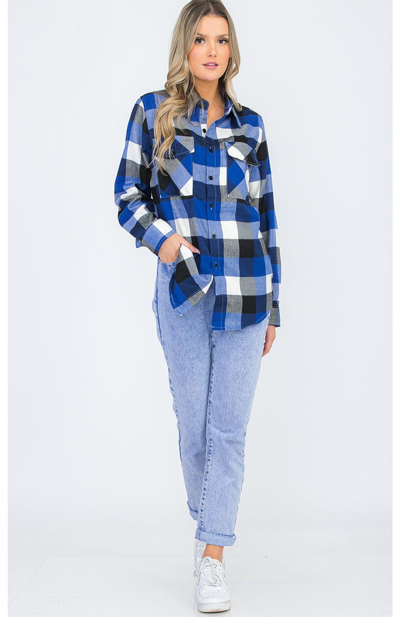 Lime Milo oversized boyfriend plaid checkered flannel top, casual blouse with relaxed fit and classic pattern, front button closure.