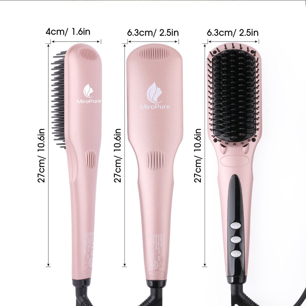 Lilac Milo Miropure 2-in-1 Ionic Hair Straightener Brush with ceramic bristles and ergonomic handle for smooth, shiny hair.