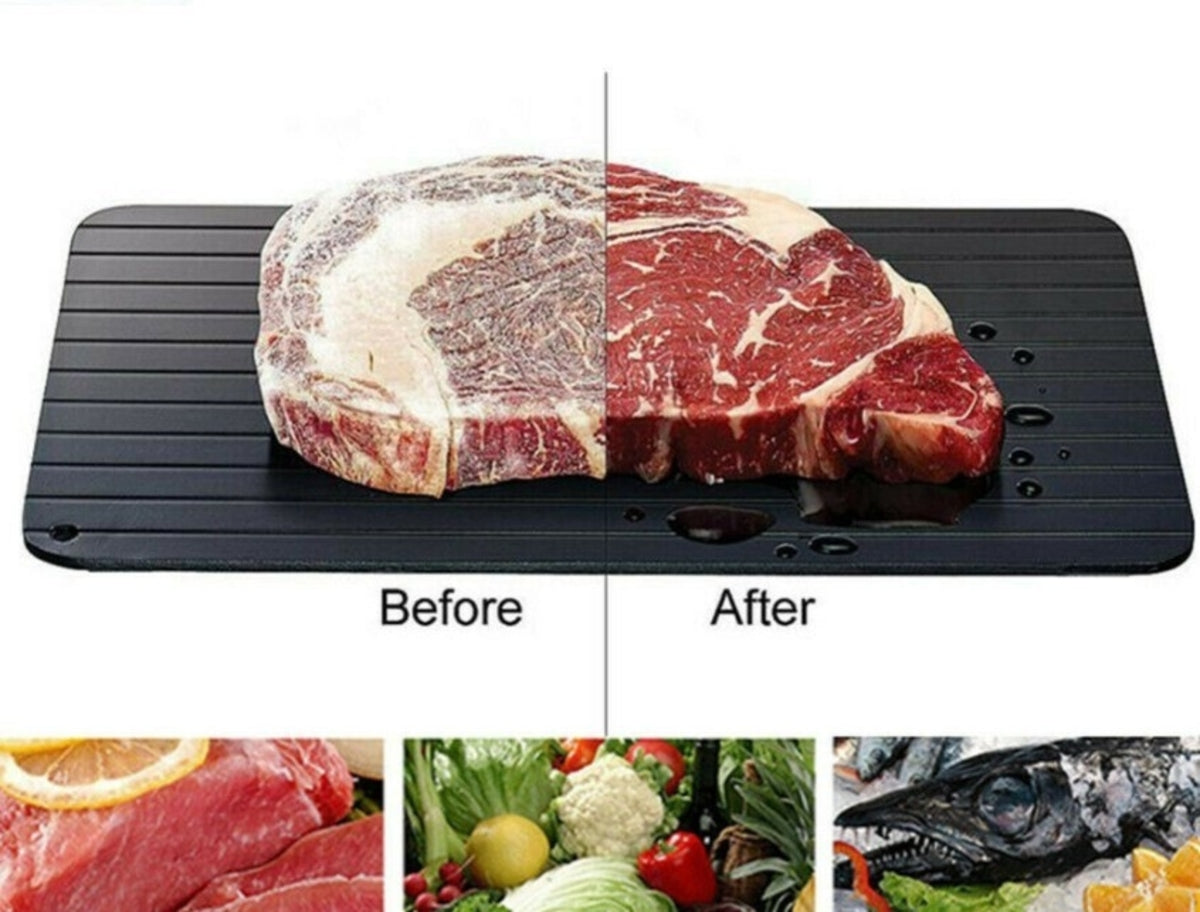 Yellow Pandora fast defrosting thaw food tray for meat and seafood, kitchen tool for quick and even thawing.