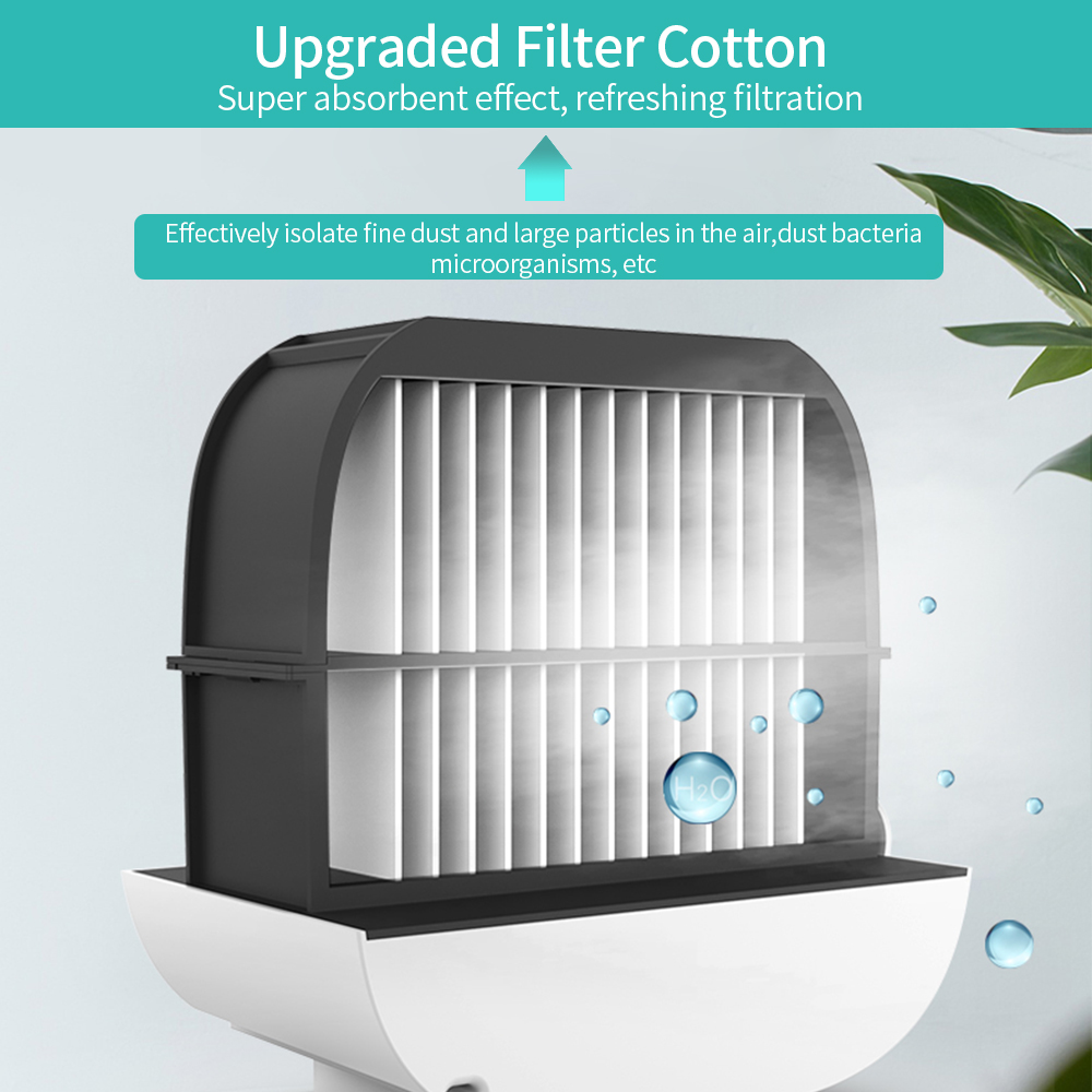 Teal Simba portable USB air cooler fan on a desk, compact mini desktop air conditioner for home and personal cooling.