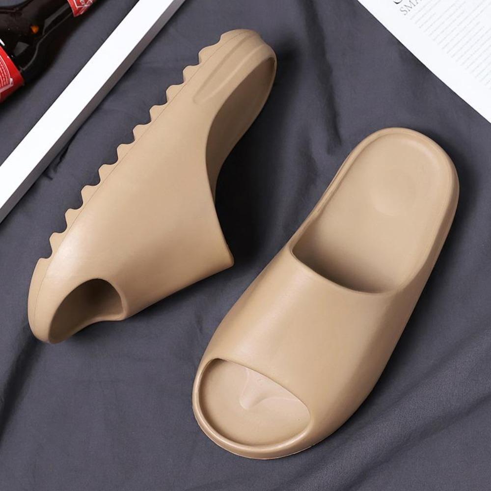 Brown and khaki Yeezy-inspired slides by Silver Juneberry, comfortable slippers with a stylish, casual design.