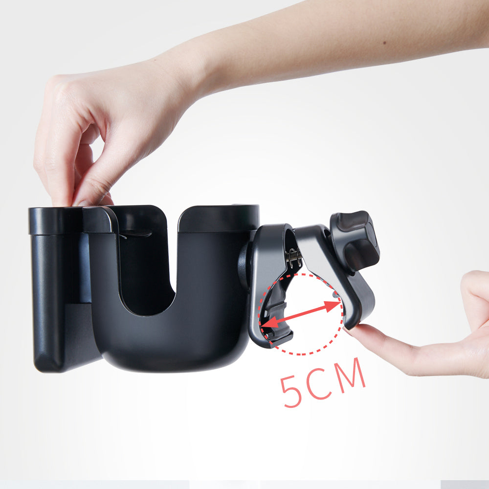 Maroon Chronos universal stroller cup holder attached to a bike handlebar, designed for secure beverage holding during rides.