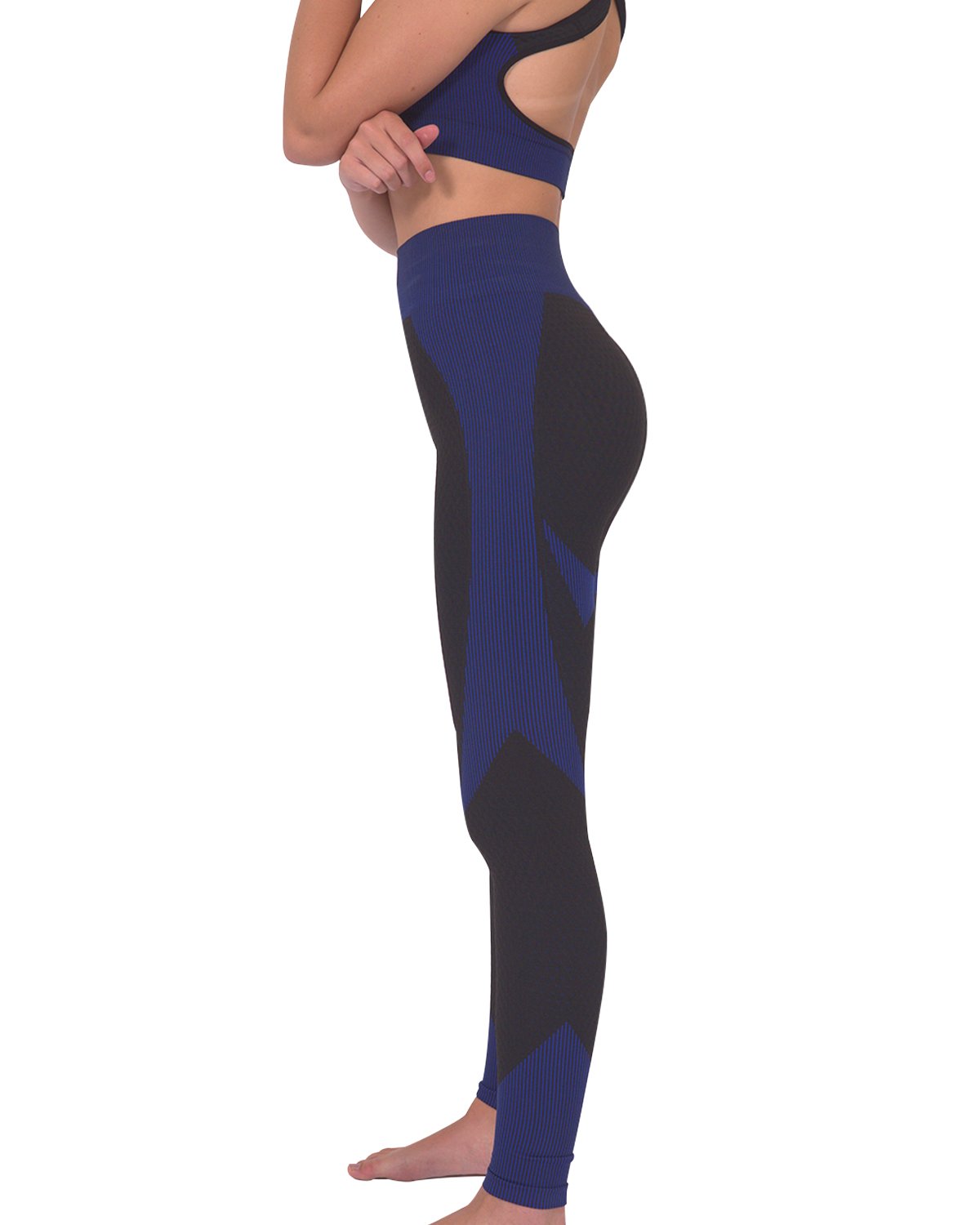 Lazurite Trois Seamless Leggings in black with navy accents, activewear leggings with a seamless design and comfortable fit.