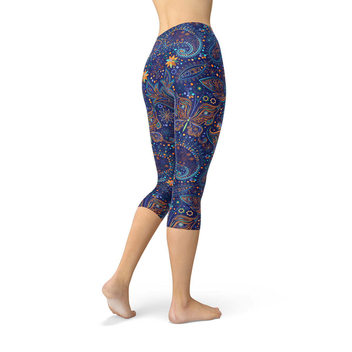 Womens Paisley Butterfly Capri Leggings by Maroon Sooty featuring colorful paisley and butterfly patterns on stretchy fabric.