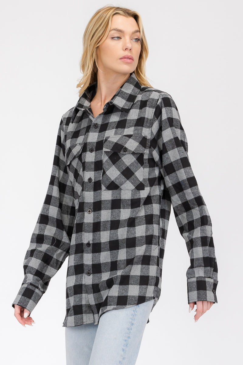 Lime Milo oversized boyfriend plaid checkered flannel top featuring a relaxed fit and classic check pattern, casual and comfortable style.