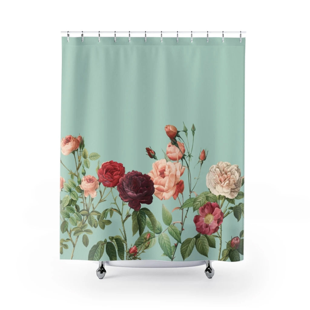 Yellow Pandora rose garden teal shower curtain featuring a floral design for bathroom decor.