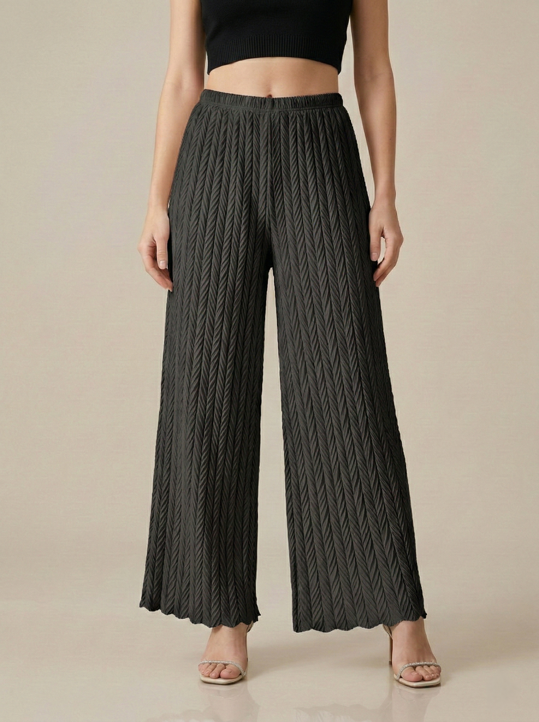 Textured pleated palazzo pants for women by Apricot Dione, featuring a comfortable wide-leg design in a stylish fabric.