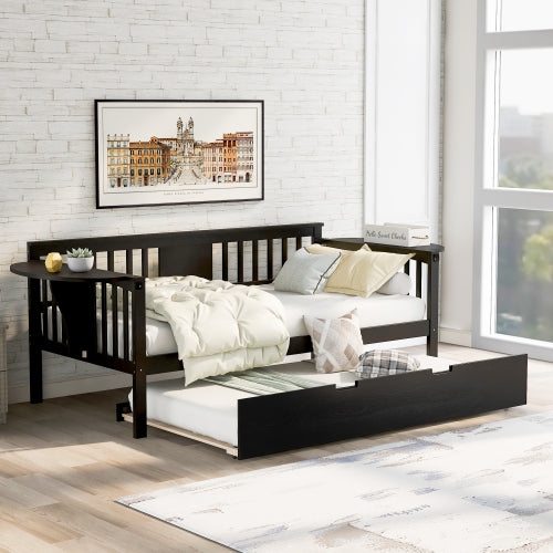 Twin wooden daybed with trundle, Teal Simba furniture, showing the bed frame, mattress, and trundle drawer in a bedroom setting.