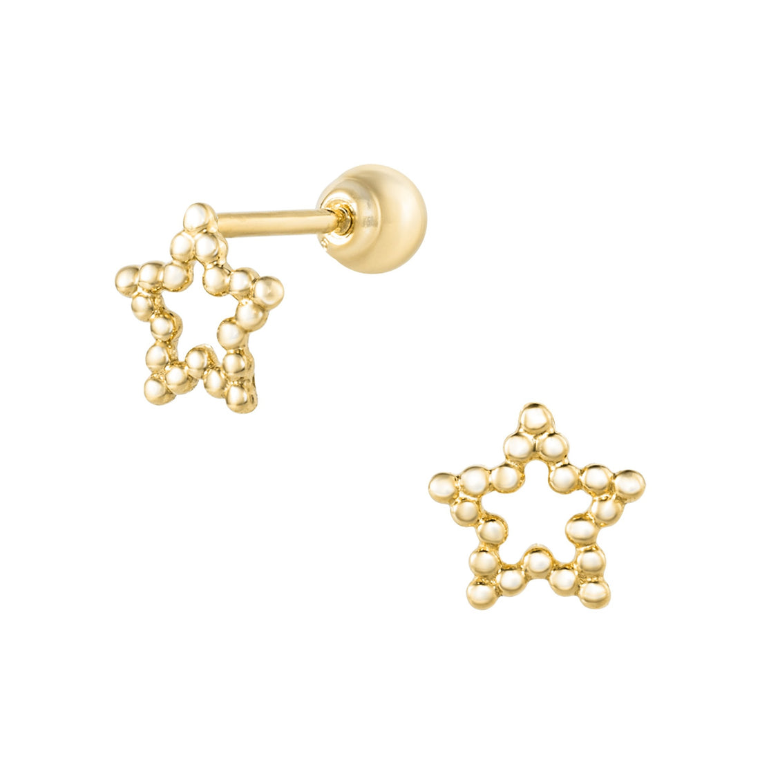 14K solid gold Stella piercing earrings by Blue Chrysippus featuring delicate star-shaped design and shiny gold finish.