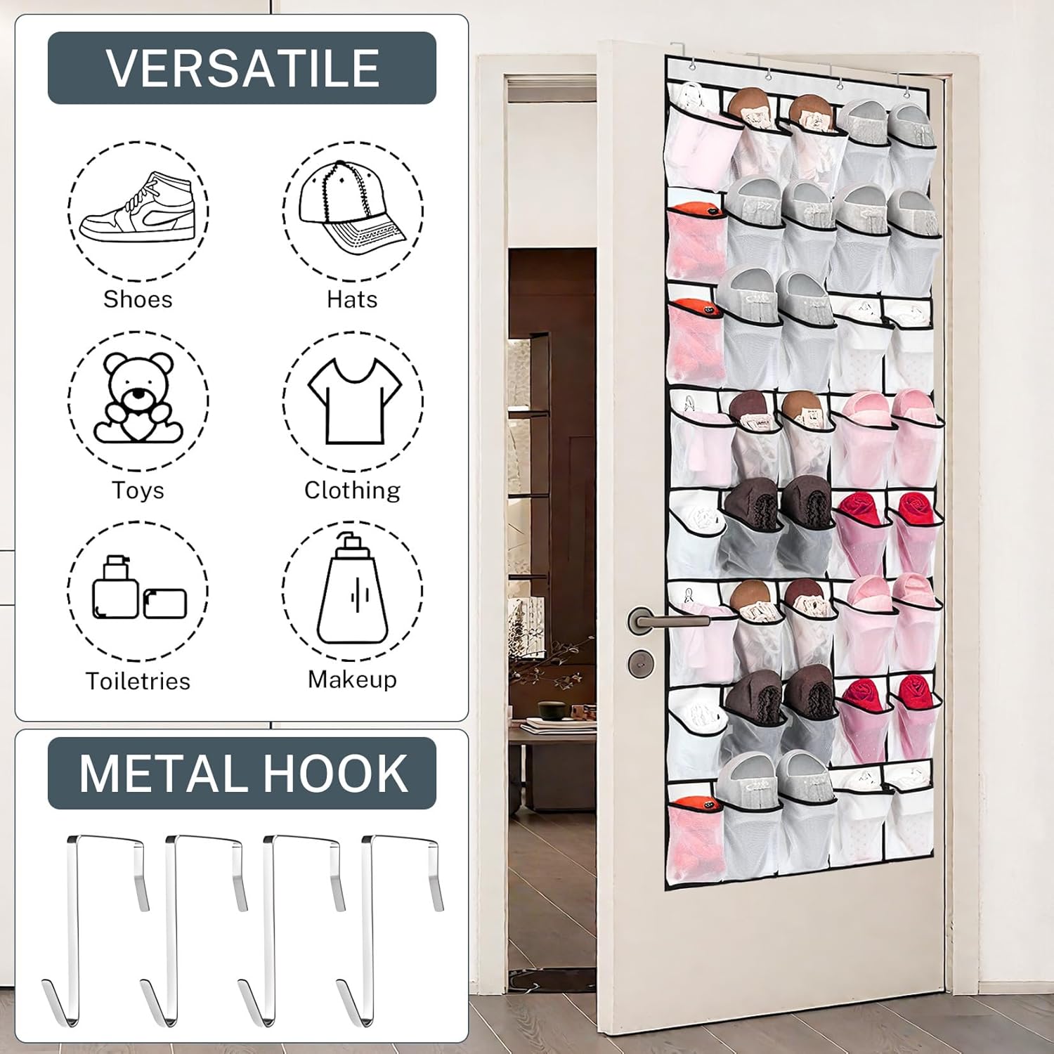 Turquoise Pandion over door shoe storage organizer with 40 clear fabric pockets hanging on a door for closet organization