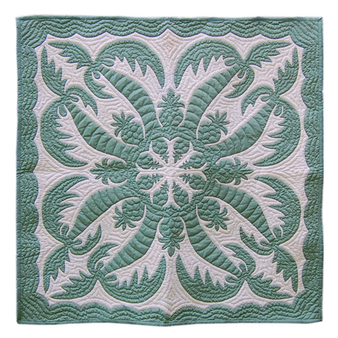 Seafoam green Hawaiian quilt wall hanging by Chocolate Vanilla featuring a Cocopine design, perfect for tropical home decor.