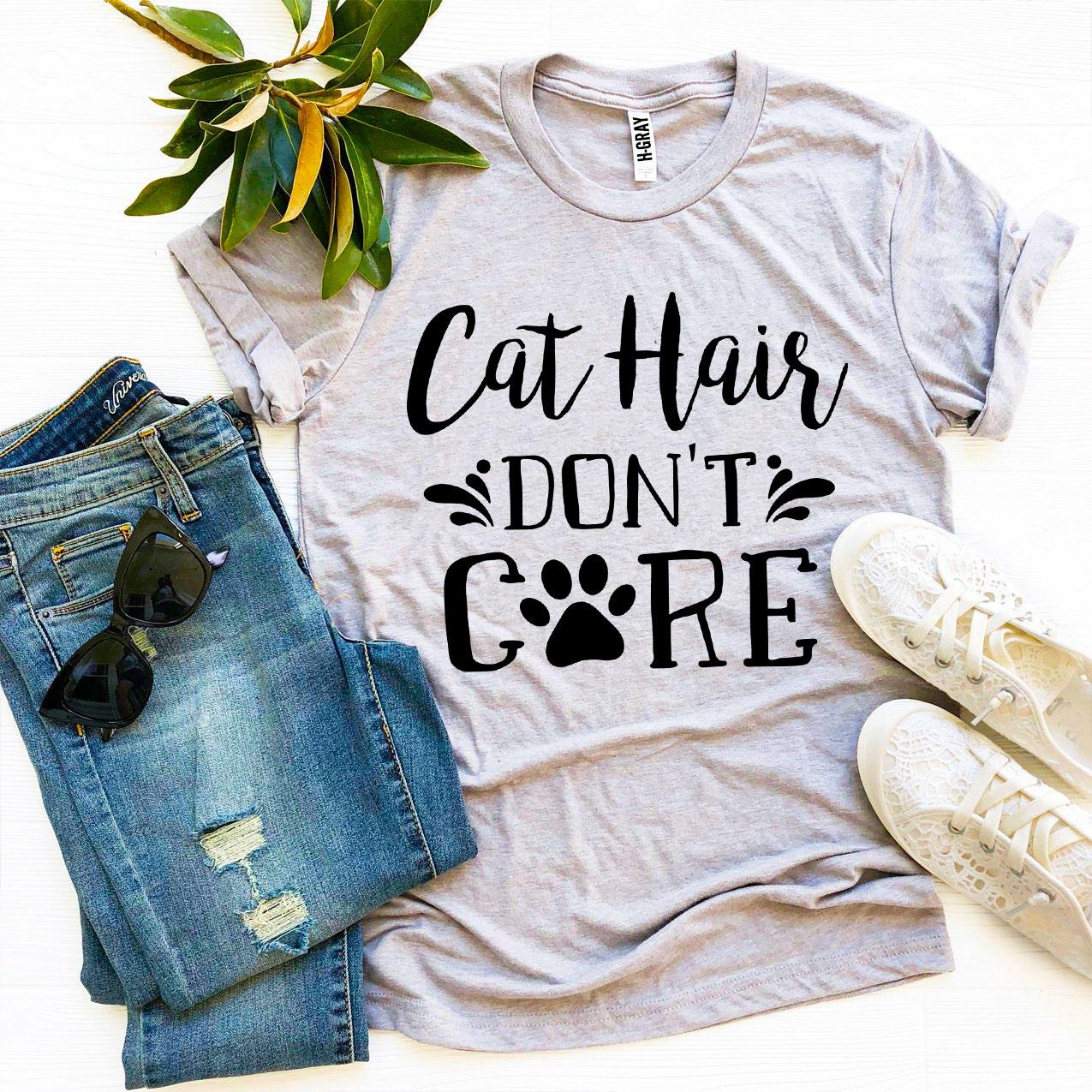 Agate Cat Hair Don’t Care T-shirt featuring a humorous graphic design, casual fit, and soft fabric for cat lovers.