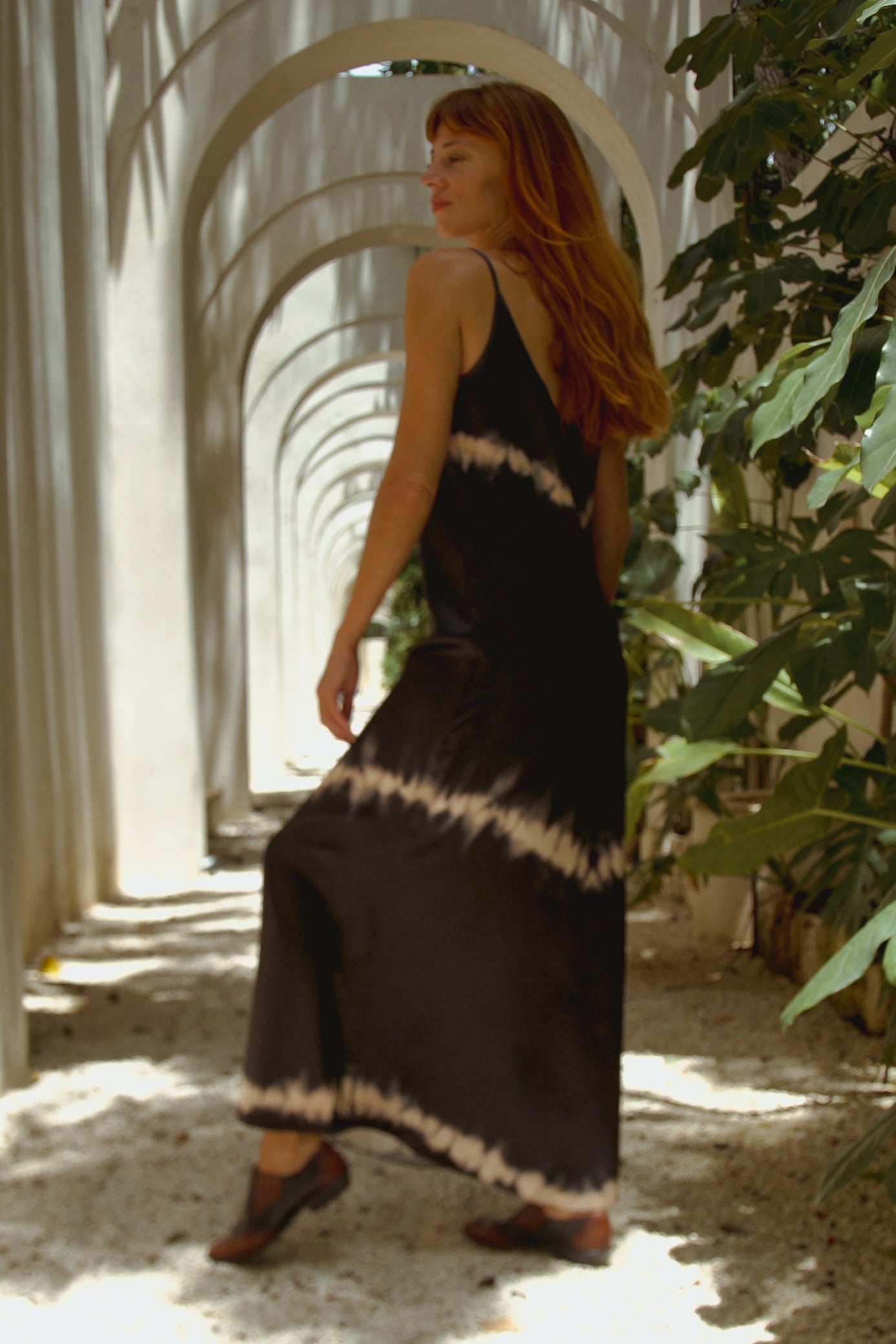 Violet Apollo Andromeda Silk Dress in black shibori pattern, women&