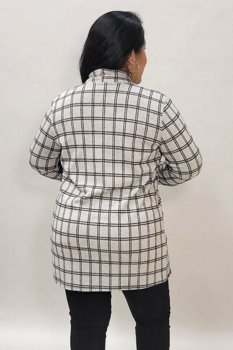 Burgundy Daisy plaid cardigan with long sleeves and front pockets, perfect for casual jackets and coats style.
