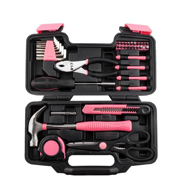 Lilac Milo 39-piece hand tool set including measuring tape, pliers, and various tools for home repair and DIY projects