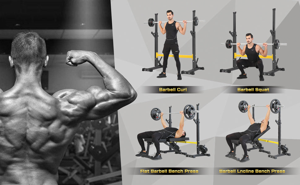 Teal Simba squat rack stand with barbell and dumbbell racks, suitable for home gym weightlifting and strength training.