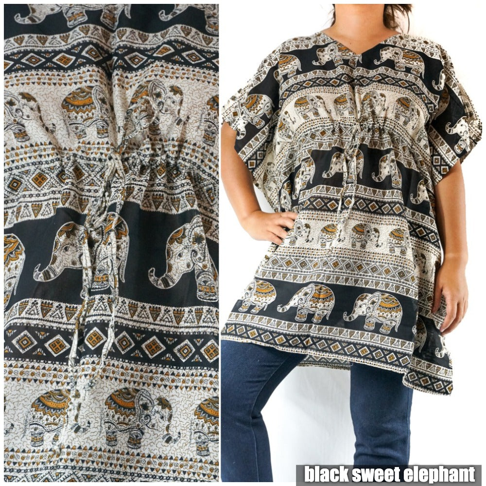 Tan Smokey boho elephant kaftan shirt short dress with relaxed fit, lightweight fabric, and bohemian style for casual wear.