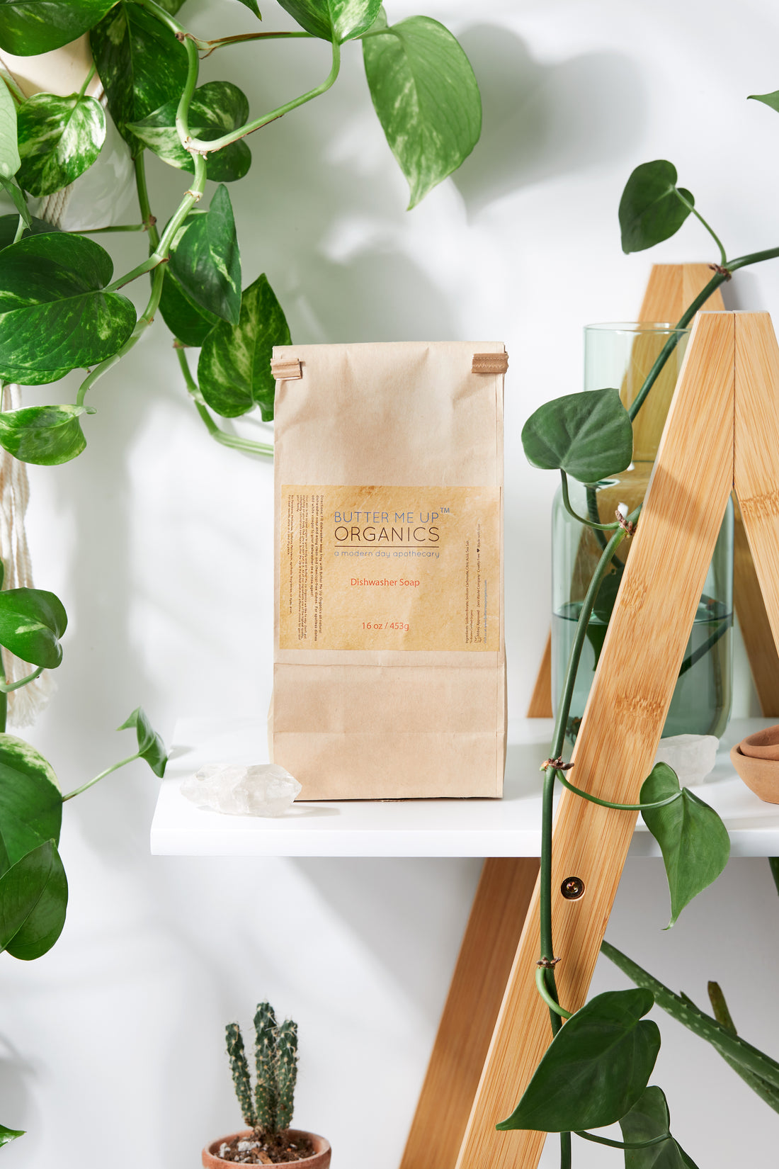 White Smokey all natural dishwasher soap for kitchen use, showing the eco-friendly packaging and product label.