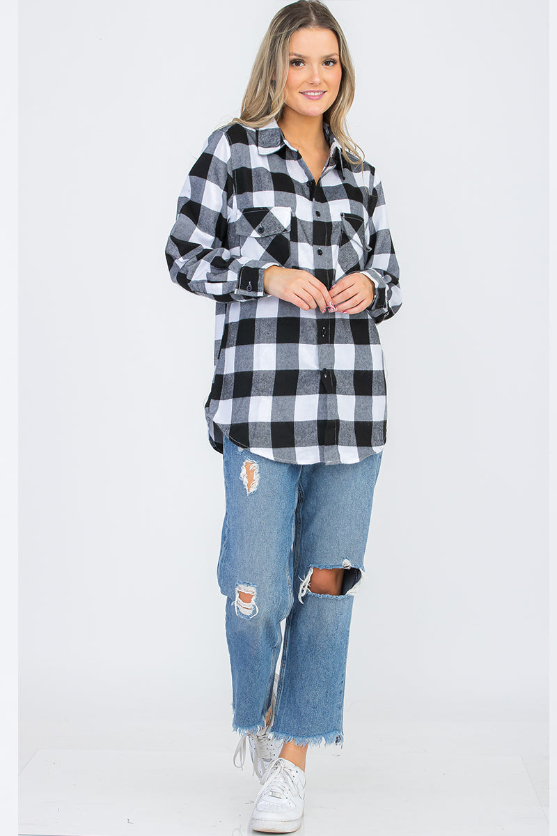 Lime Milo oversized boyfriend plaid checkered flannel top with a relaxed fit and button-front design, shown on a model.