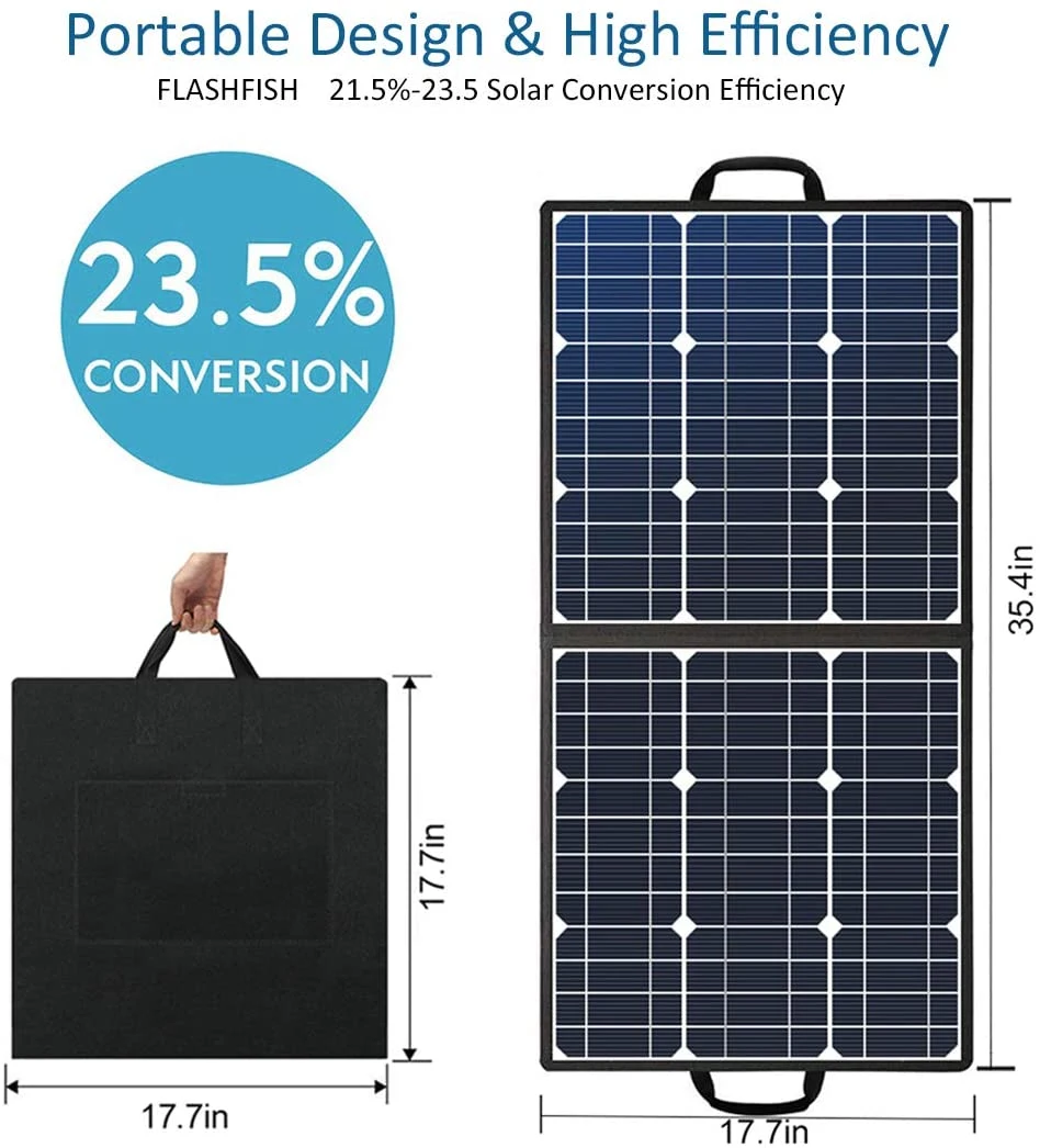 Foldable 50W 18V portable solar panel from Lilac Milo, showing compact, foldable design with multiple solar cells for outdoor use.