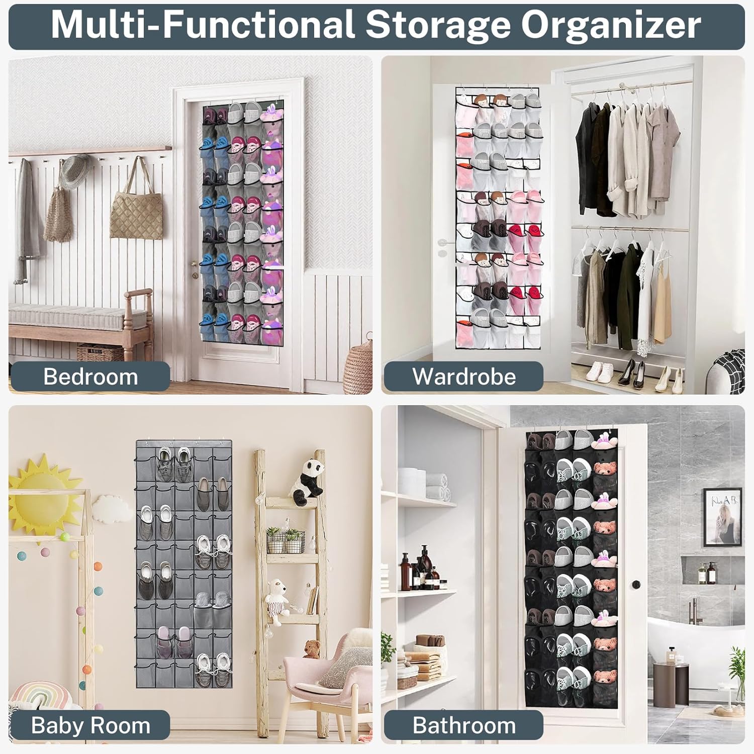 Over door shoe storage organizer with 40 pockets by Turquoise Pandion, hanging on a door for closet organization and shoe storage.