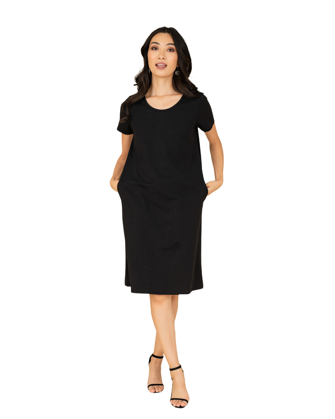 Women’s black dress by Gray Eos featuring practical pockets, stylish and comfortable for casual or semi-formal occasions.