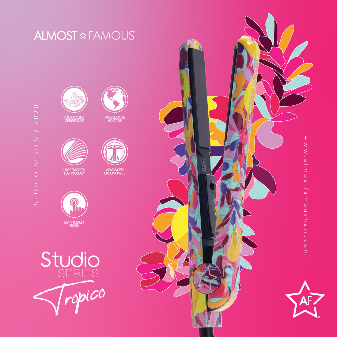 Sky Blue Thrace Almost Famous 1.25" Tropico Studio Flat Iron with waterprint design, showing the sleek haircare styling tool.