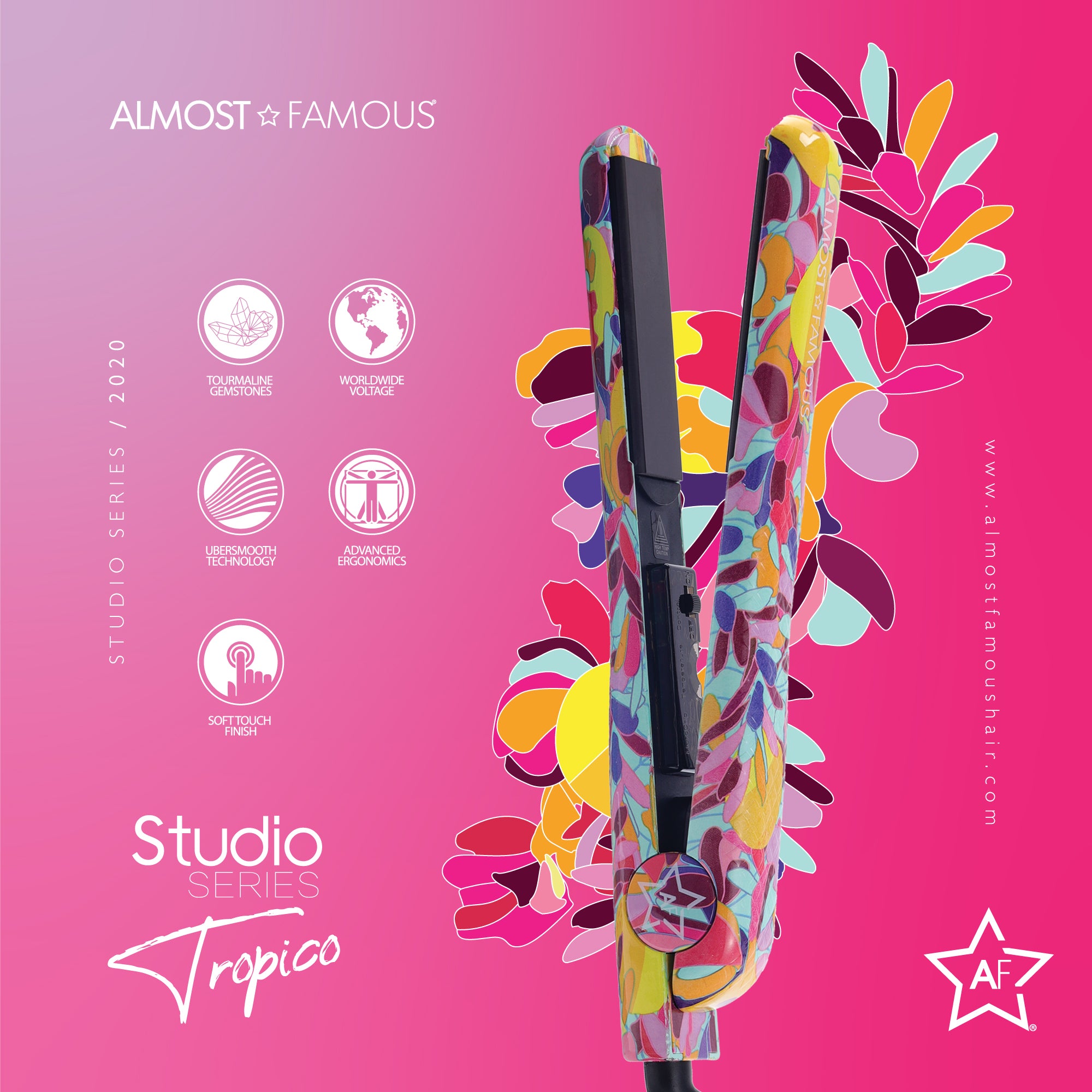 Sky Blue Thrace Almost Famous 1.25" Tropico Studio Flat Iron with waterprint design, showing the sleek haircare styling tool.