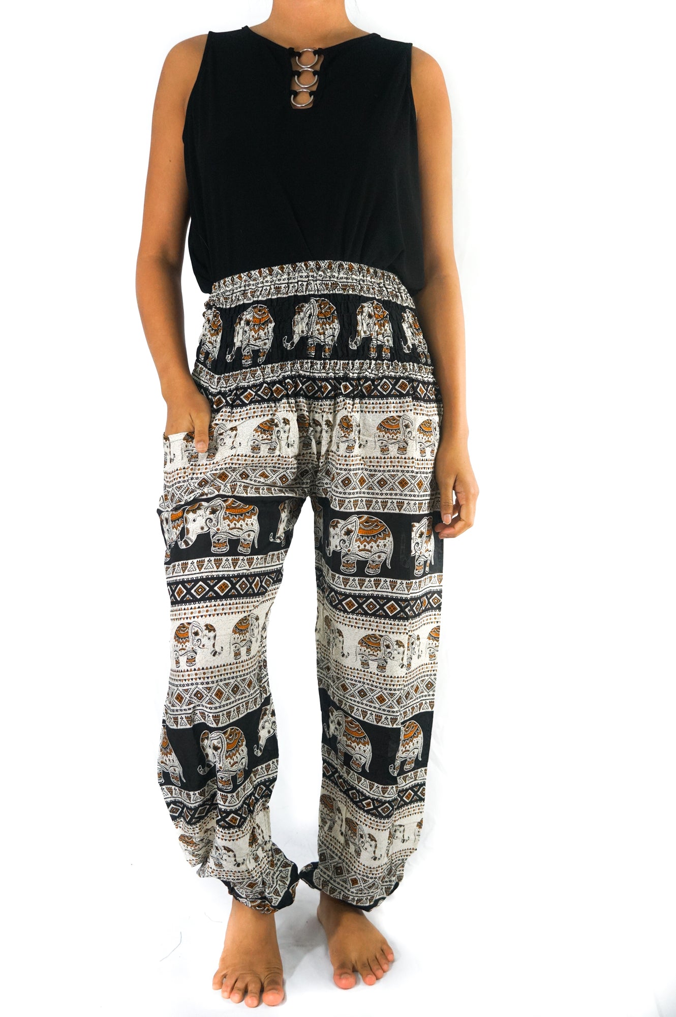 Black Elephant print boho pants for women, featuring a relaxed fit and hippie style, perfect for yoga and casual wear.