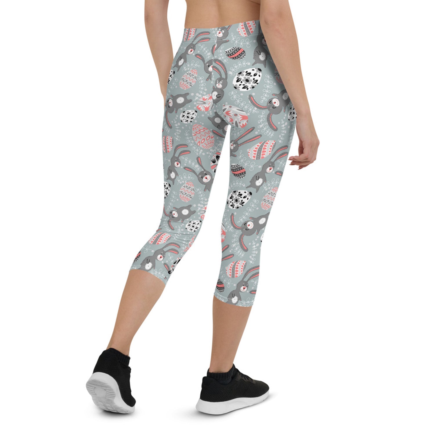 Maroon Sooty Easter Bunny Capri Leggings for women, featuring playful bunny print, made for activewear and comfortable fit.