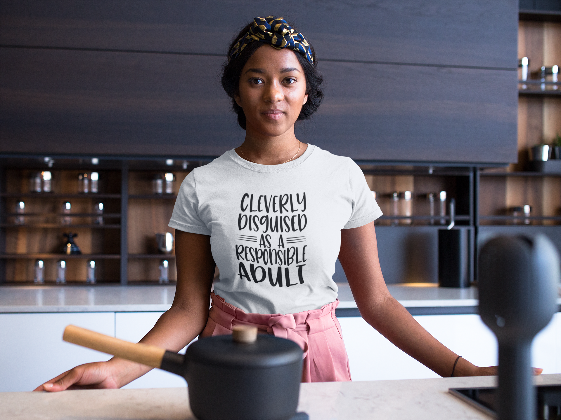 Olive Dionysus responsible adult T-shirt featuring humorous text design in casual black fabric.