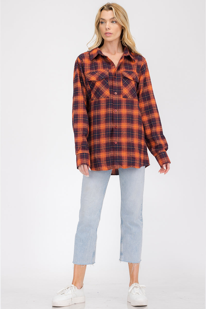 Lime Milo oversized boyfriend plaid checkered flannel top in red and black, casual long sleeve blouse for women.