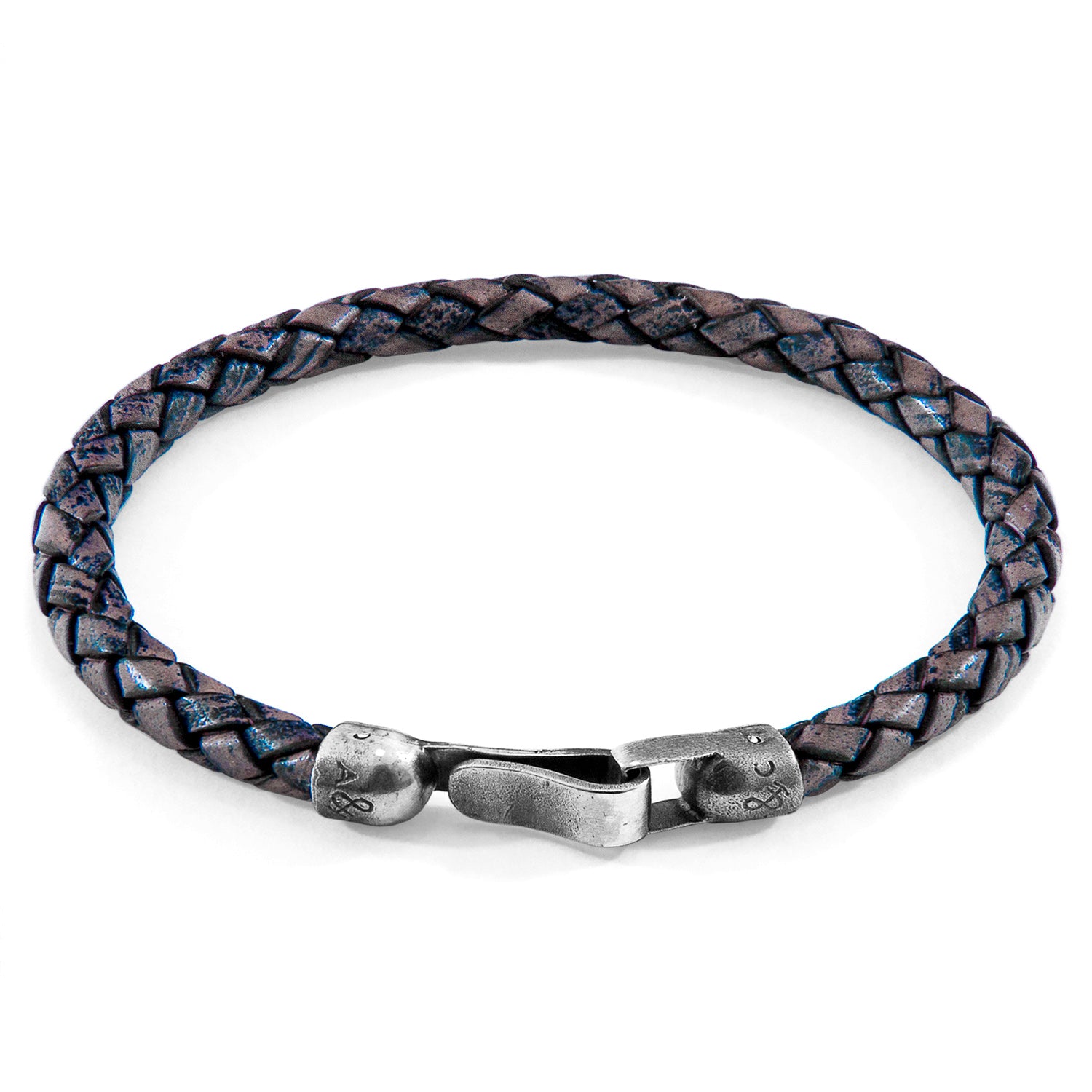 Indigo blue Skye silver and braided leather bracelet by Magenta Sooty with silver accents and woven leather design.