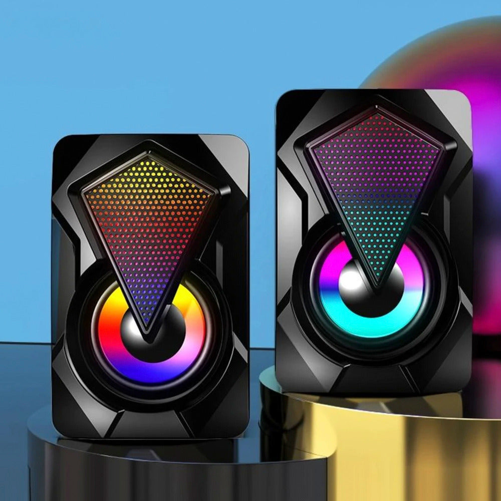 Yellow Pandora Dragon RGB computer gaming speakers with colorful LED lighting and sleek black design for gaming audio setup.
