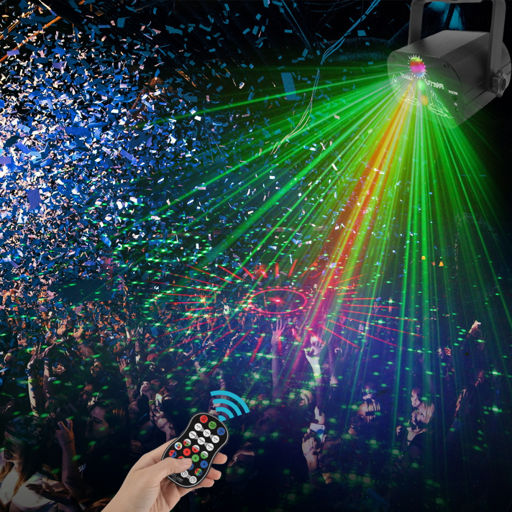 Teal Simba Mini RGB Disco Light LED Laser Stage Projector with colorful lighting effects and compact design.