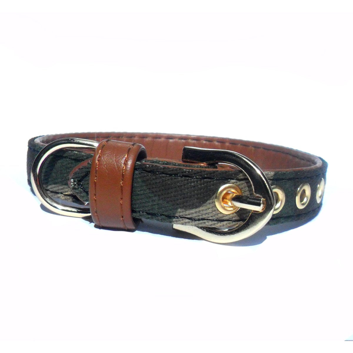 Salmon Oscar army fabric and brown vegan leather pet collar with leash attachment, durable and stylish for dogs.