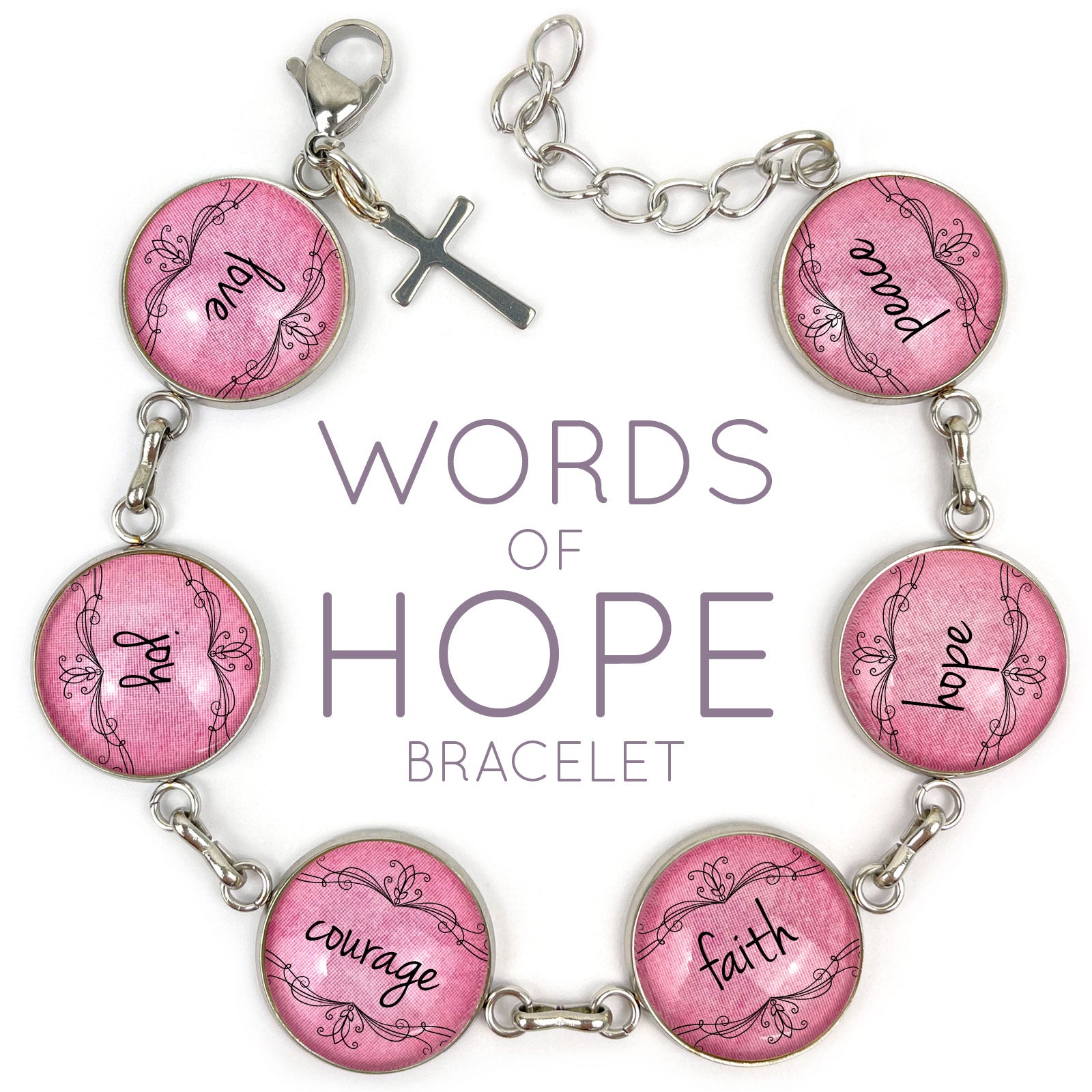 Orchid Briseis bracelet with glass charm featuring the words Love, Joy, Courage, Faith, Hope, Peace in elegant script.