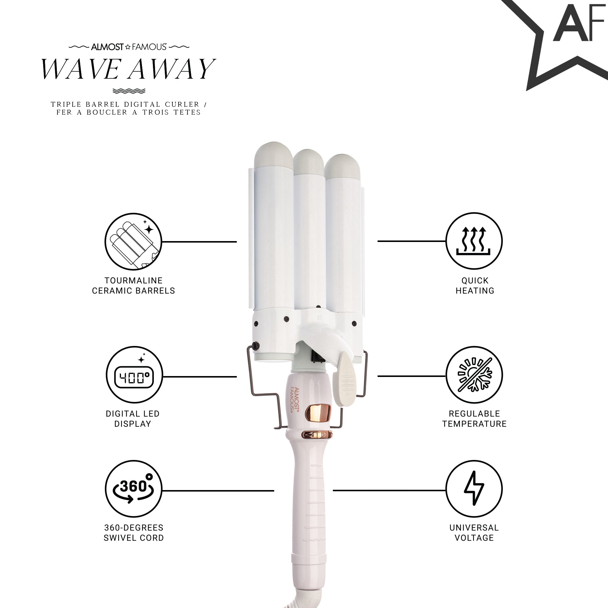 Sky Blue Thrace Wave Away triple barrel curler with tourmaline ceramic barrels for versatile, shiny, wavy hair styling.